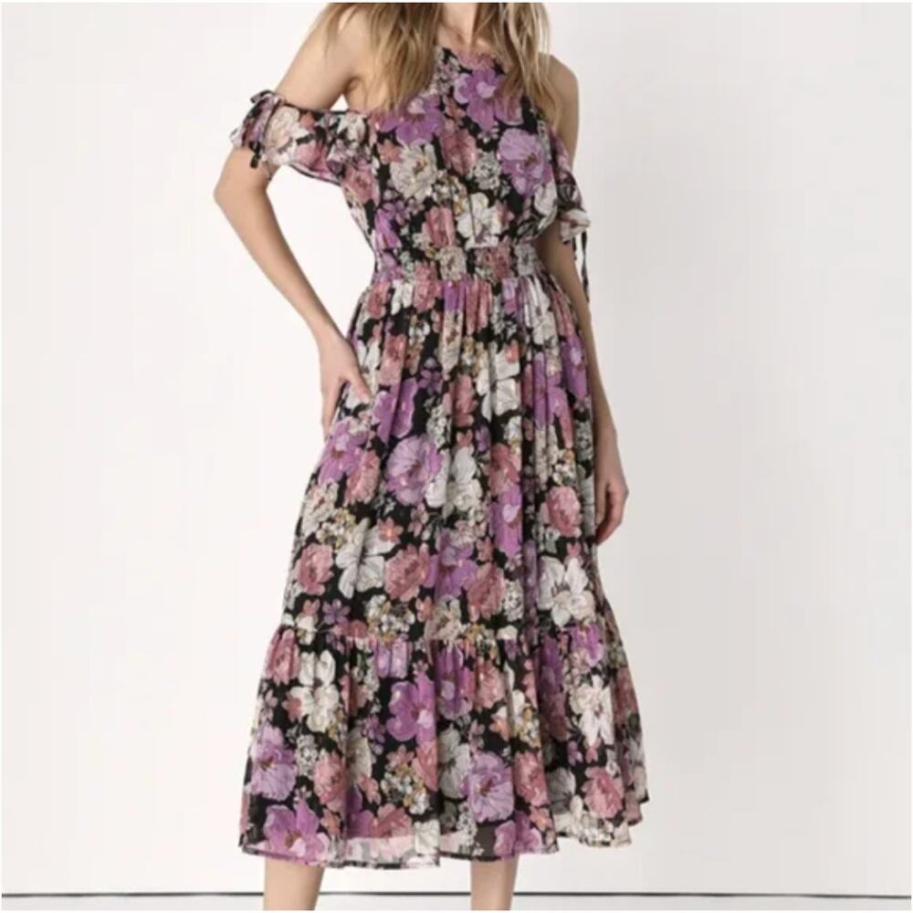 Lulu's Black and Purple Flutter Sleeve Maxi Dress NWT Med